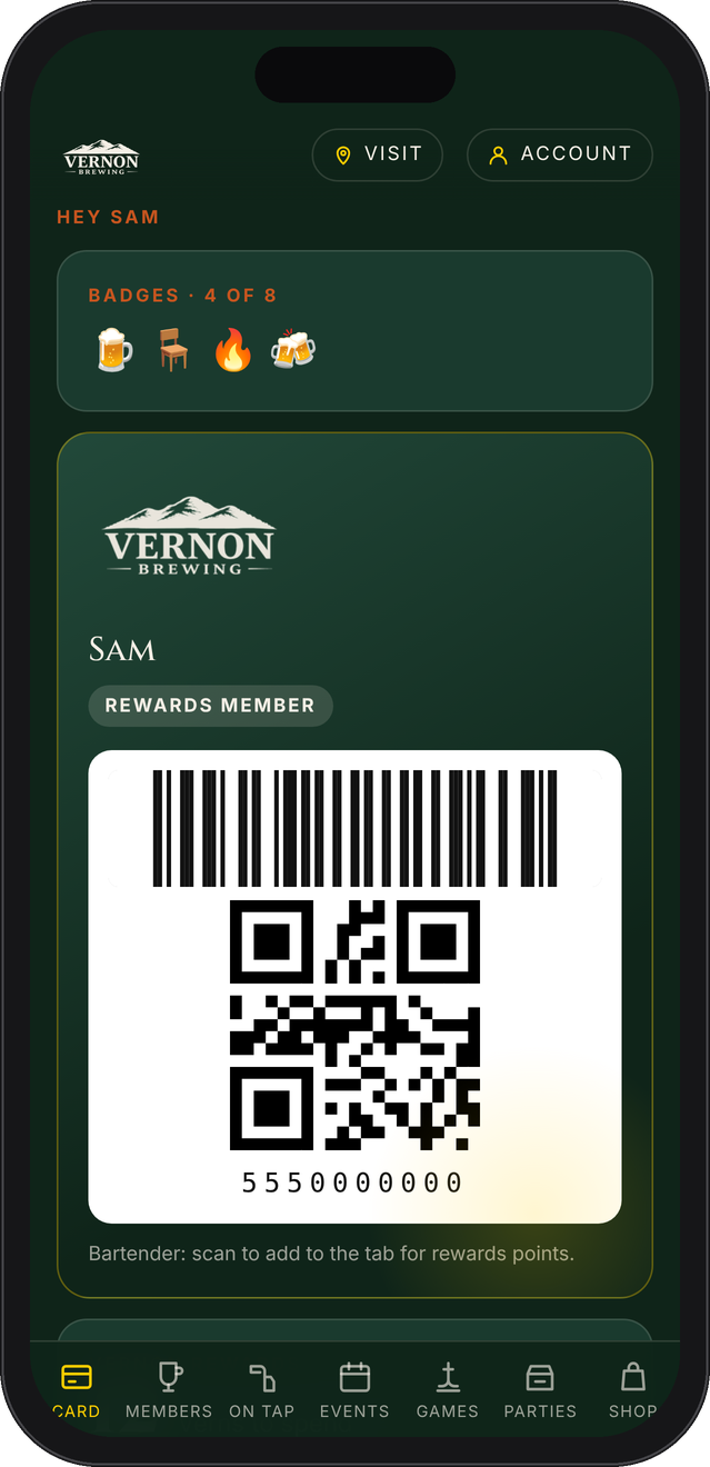 The Vernon Brewing app — your rewards card, Verns, events and the Open Mic Rodeo