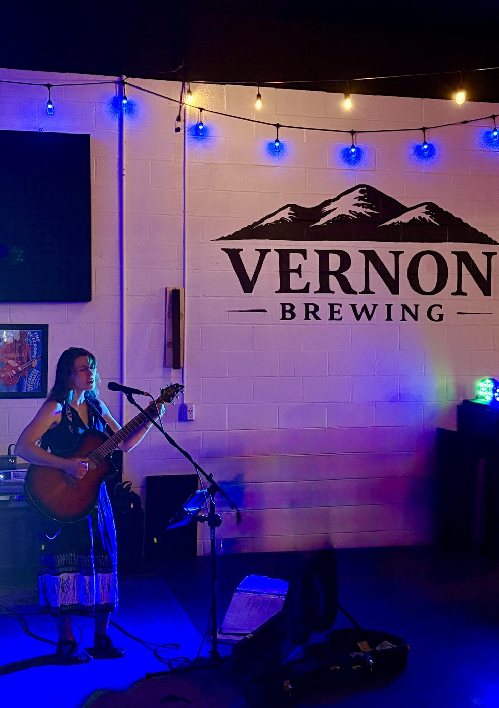 A musician performing in front of the Vernon Brewing backdrop